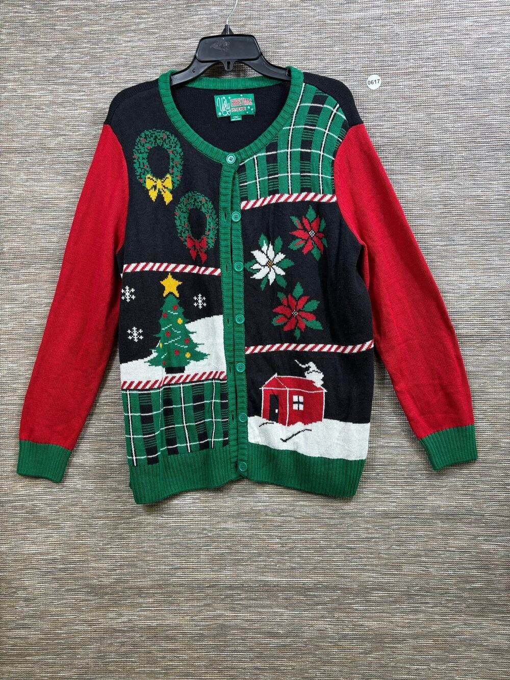 Poof Cardigan Sweater Womens 1X Multicolor Plaid Christmas Ugly Button Front